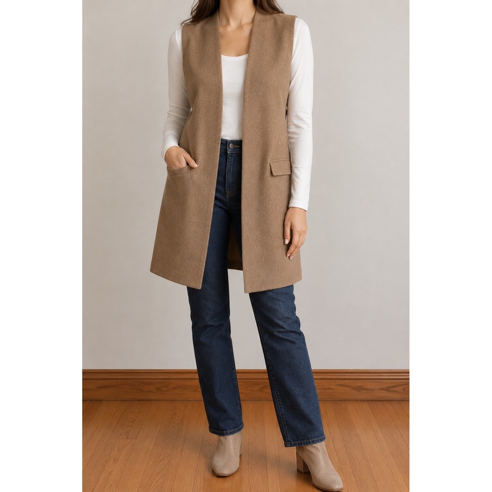 Limited Camel Wool Blend Longline Jacket Vest Collarless Medium Pockets Classic